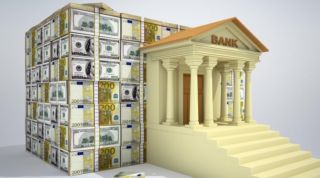 Bank building with dollar and euro  banknotes. 3D rendering