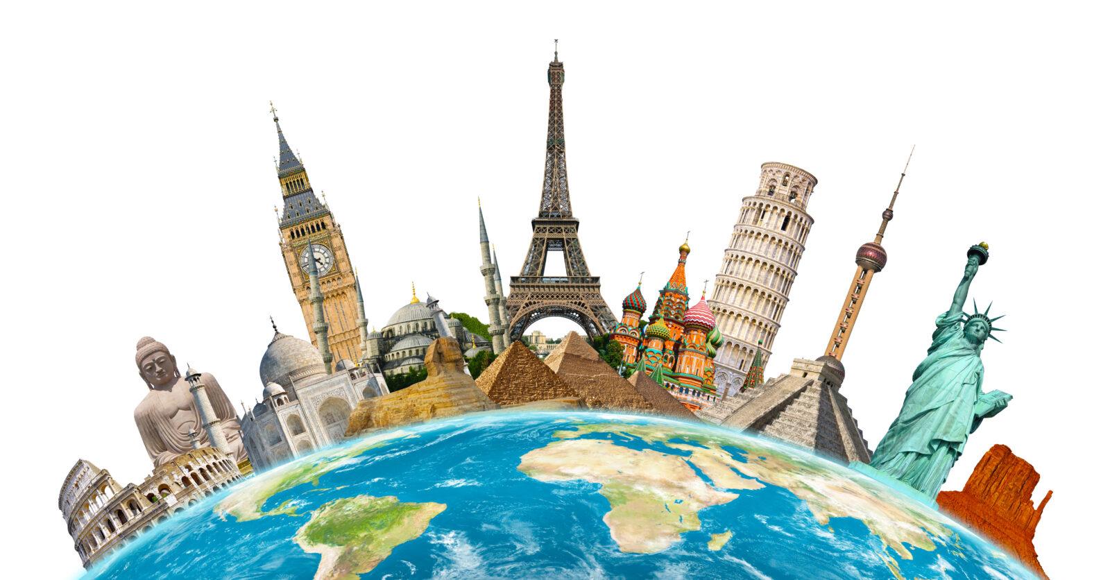 Famous monuments of the world grouped together on planet Earth